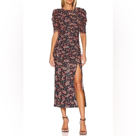 Free People Dress Womens XS Black Grunge Floral Ruched Midi - Picture 1 of 11